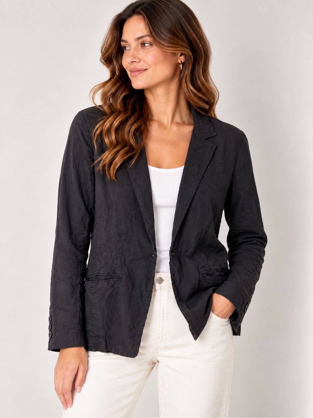 Eileen Fisher System Linen Blend Blazer Size 12 Charcoal Gray Layering Basic